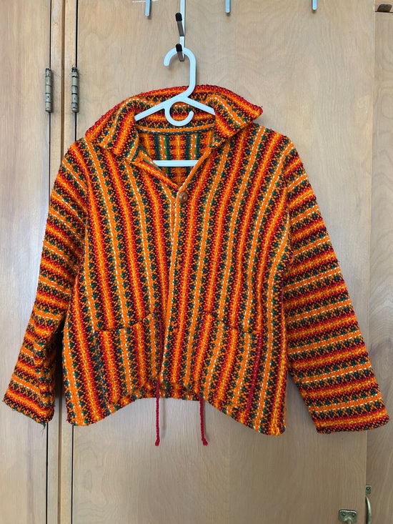 Handmade Jackets & Blazers - Handmade Multicolor Striped Hooded Jacket - Orange, Red, and Green